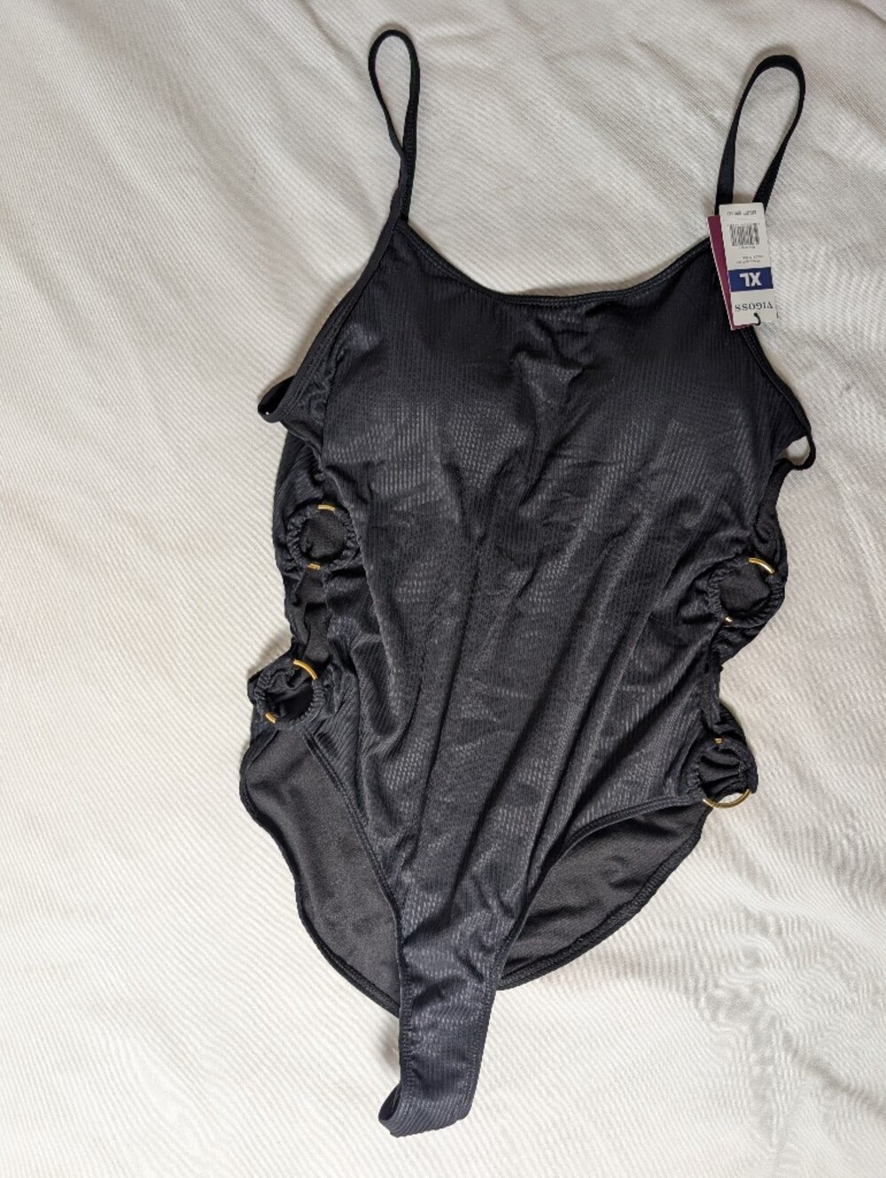 Vigoss NEW Black Ribbed Tank Cut Out Sides Gold Hardware Swimsuit Size XL